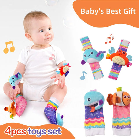 Baby Sensory Toys - 4-Piece Hand & Foot Finder Set with Socks for Newborns 0-6 Months, Infant Gift