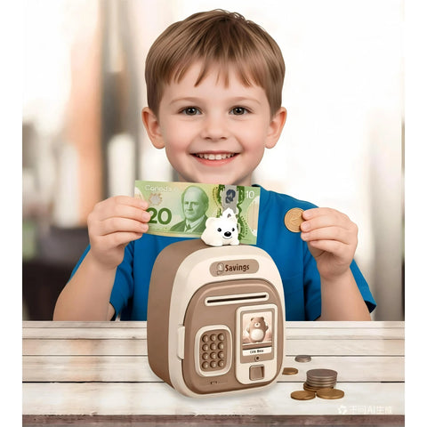 Kids Electronic Password Piggy Bank with Coin & Bill Slot, Brown Bear Design