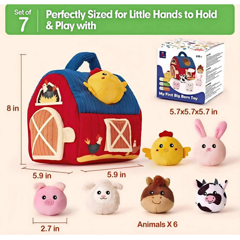7-Piece Soft Farm Animal Playset with Plush Barn for Babies 6 Months+