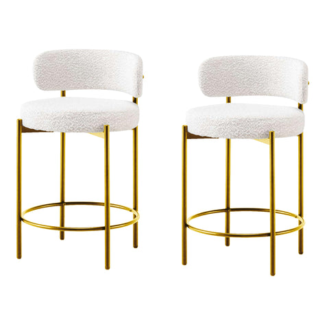 Counter Bar Stools Set of 2, Modern Bar Stools, Round Kitchen Counter Stool, Boucle Stool with Black Metal Legs, Footrest Stool (Cream White/Gold Legs)-Set of 2