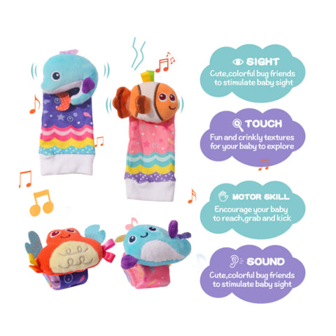 Baby Sensory Toys - 4-Piece Hand & Foot Finder Set with Socks for Newborns 0-6 Months, Infant Gift