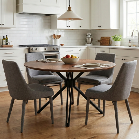 47.2" Modern Wood & Black Metal Pedestal Dining Table - Industrial Farmhouse Style