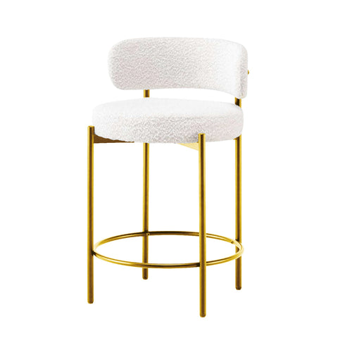 Counter Bar Stools Set of 2, Modern Bar Stools, Round Kitchen Counter Stool, Boucle Stool with Black Metal Legs, Footrest Stool (Cream White/Gold Legs)-Set of 2