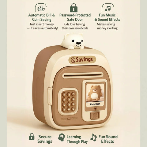 Kids Electronic Password Piggy Bank with Coin & Bill Slot, Brown Bear Design