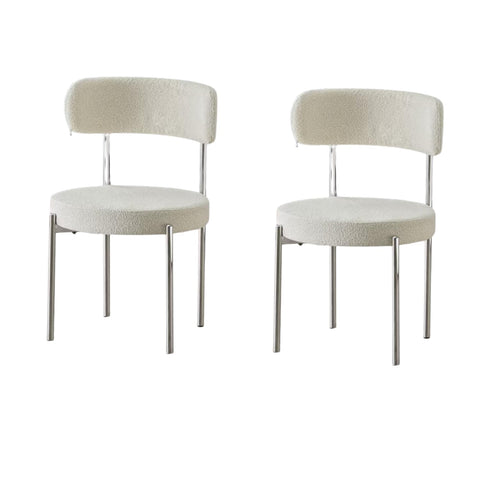 Dining Chairs Set of 2, Modern Dining Chairs Mid-Century, Round Kitchen Chairs, Boucle Dining Chair with Metal Legs, Kitchen Dining Room (Cream White/Chrome, Set of 2)