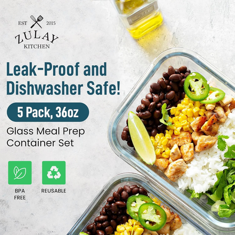 5-Pack Glass Food Storage Containers with Lids – 36oz Airtight, Leak-Proof Meal Prep Containers