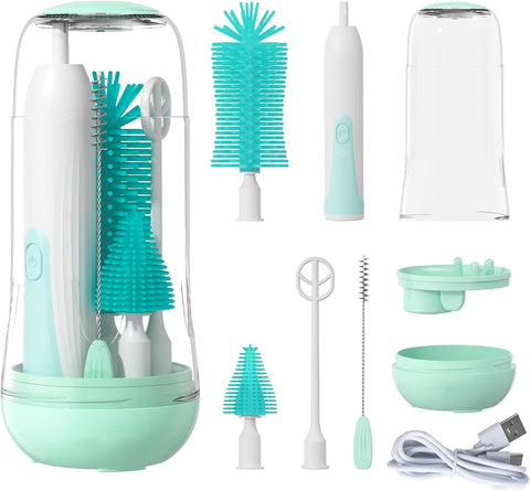 Electric Baby Bottle Brush Set - Includes Bottle Cleaner, Nipple & Straw Brush, Milk Frother & Drying Rack (Green)