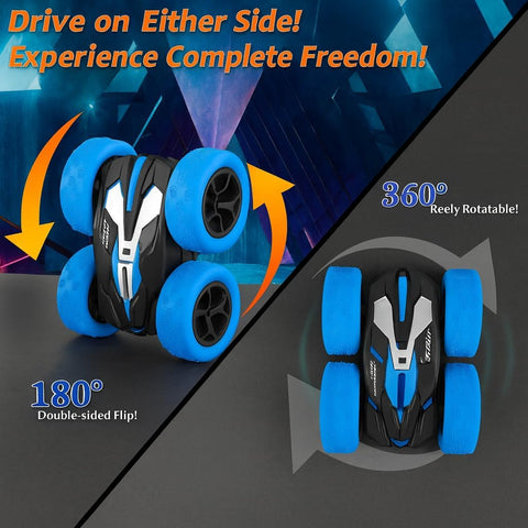 4WD Double-Sided RC Stunt Car with LED Lights, Dual Rechargeable Batteries, 9 Stunt Modes – Ages 6+, Blue