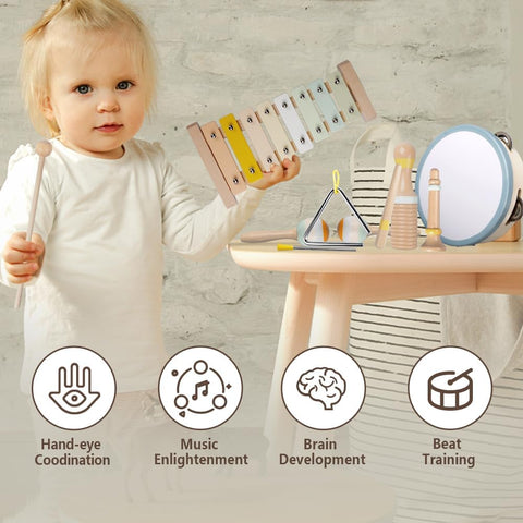 Musical Instruments Set for Toddlers 1-3 Years - 10-Piece Wooden Percussion Kit with Xylophone, Maracas, Drum & More - Early Learning Toys for Babies - Educational Rhythm Gift for Boys & Girls