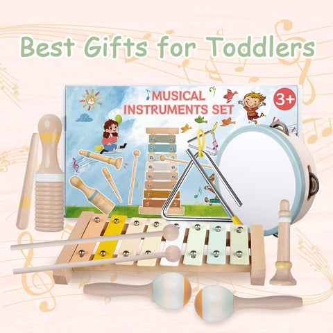 Musical Instruments Set for Toddlers 1-3 Years - 10-Piece Wooden Percussion Kit with Xylophone, Maracas, Drum & More - Early Learning Toys for Babies - Educational Rhythm Gift for Boys & Girls