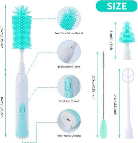 Electric Baby Bottle Brush Set - Includes Bottle Cleaner, Nipple & Straw Brush, Milk Frother & Drying Rack (Green)