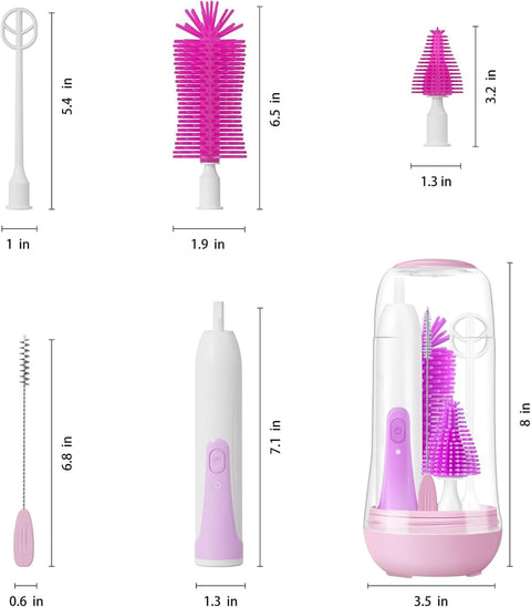 Electric Baby Bottle Brush Set - Includes Bottle Cleaner, Nipple & Straw Brush, Milk Frother & Drying Rack (Purple)