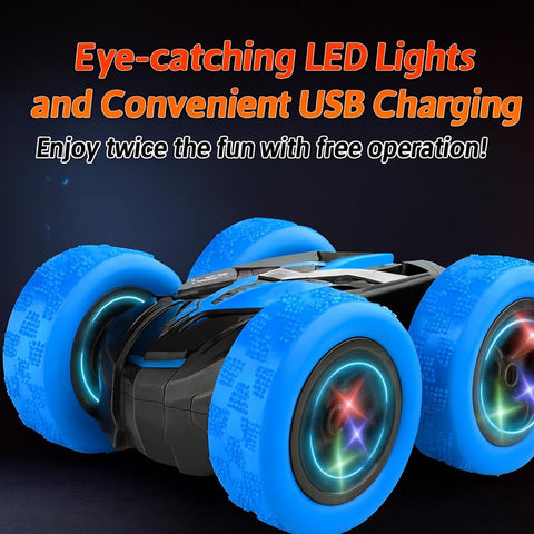 4WD Double-Sided RC Stunt Car with LED Lights, Dual Rechargeable Batteries, 9 Stunt Modes – Ages 6+, Blue