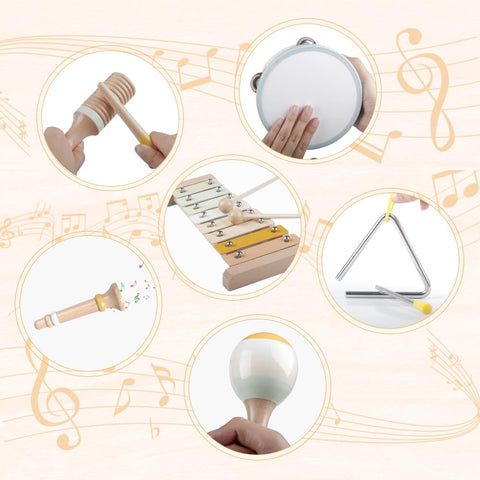Musical Instruments Set for Toddlers 1-3 Years - 10-Piece Wooden Percussion Kit with Xylophone, Maracas, Drum & More - Early Learning Toys for Babies - Educational Rhythm Gift for Boys & Girls