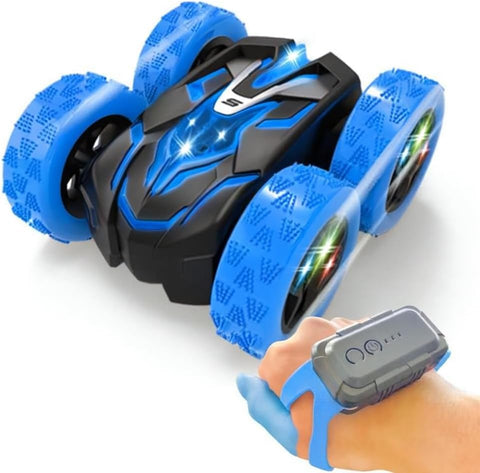 4WD Double-Sided RC Stunt Car with LED Lights, Dual Rechargeable Batteries, 9 Stunt Modes – Ages 6+, Blue