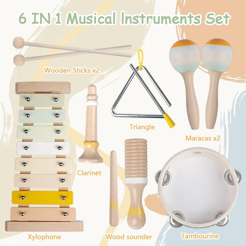 Musical Instruments Set for Toddlers 1-3 Years - 10-Piece Wooden Percussion Kit with Xylophone, Maracas, Drum & More - Early Learning Toys for Babies - Educational Rhythm Gift for Boys & Girls