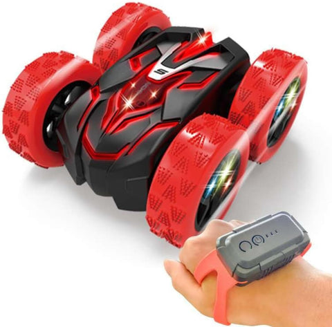 4WD Double-Sided RC Stunt Car with LED Lights, Dual Rechargeable Batteries & 9 Stunt Modes – Ages 6+, Red