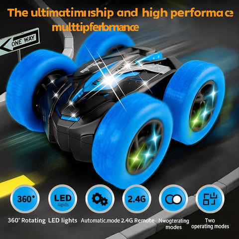 4WD Double-Sided RC Stunt Car with LED Lights, Dual Rechargeable Batteries, 9 Stunt Modes – Ages 6+, Blue