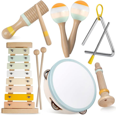 Musical Instruments Set for Toddlers 1-3 Years - 10-Piece Wooden Percussion Kit with Xylophone, Maracas, Drum & More - Early Learning Toys for Babies - Educational Rhythm Gift for Boys & Girls