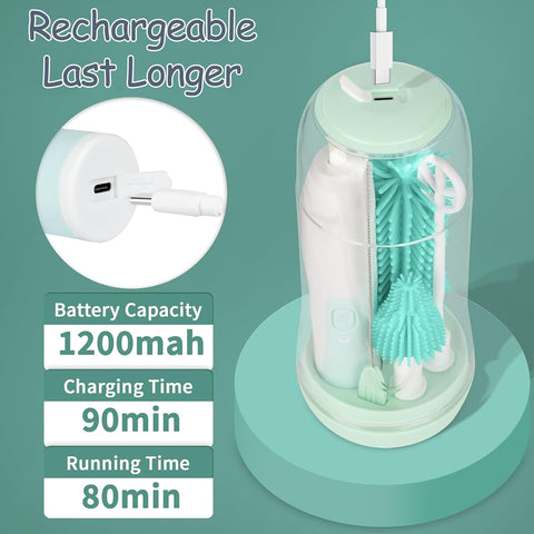 Electric Baby Bottle Brush Set - Includes Bottle Cleaner, Nipple & Straw Brush, Milk Frother & Drying Rack (Green)
