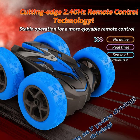 4WD Double-Sided RC Stunt Car with LED Lights, Dual Rechargeable Batteries, 9 Stunt Modes – Ages 6+, Blue