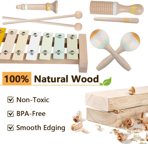 Musical Instruments Set for Toddlers 1-3 Years - 10-Piece Wooden Percussion Kit with Xylophone, Maracas, Drum & More - Early Learning Toys for Babies - Educational Rhythm Gift for Boys & Girls