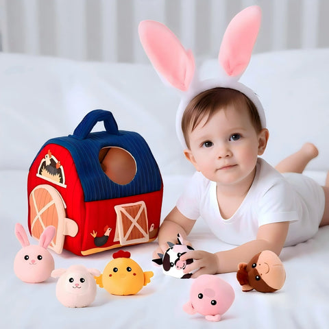 7-Piece Soft Farm Animal Playset with Plush Barn for Babies 6 Months+