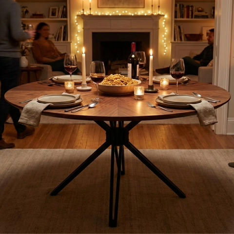 47.2" Modern Wood & Black Metal Pedestal Dining Table - Industrial Farmhouse Style