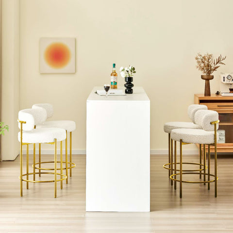 Counter Bar Stools Set of 2, Modern Bar Stools, Round Kitchen Counter Stool, Boucle Stool with Black Metal Legs, Footrest Stool (Cream White/Gold Legs)-Set of 2