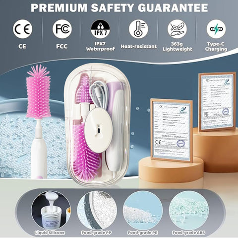 Electric Baby Bottle Brush Set with 360° Rotation – 2-Speed Rechargeable Cleaner with Silicone Brush, Pacifier & Straw Cleaner, Mixing Head & Drying Rack – Purple