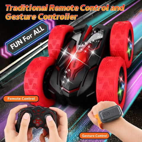 4WD Double-Sided RC Stunt Car with LED Lights, Dual Rechargeable Batteries & 9 Stunt Modes – Ages 6+, Red