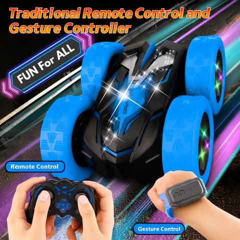 4WD Double-Sided RC Stunt Car with LED Lights, Dual Rechargeable Batteries, 9 Stunt Modes – Ages 6+, Blue