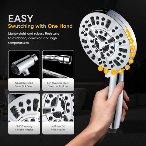 High-Pressure 10-Spray Handheld Shower Head with Magnetic Dock & Power Wash Jets – Chrome