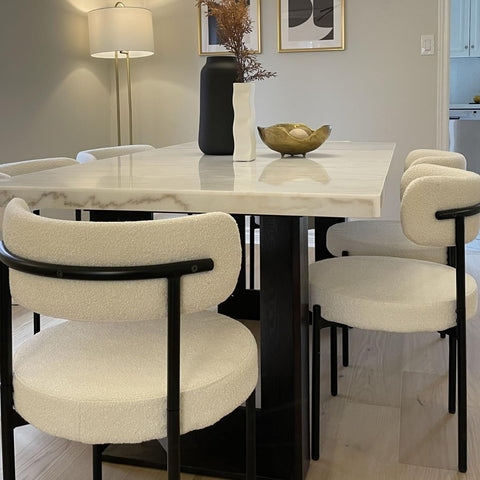 Dining Chairs Set of 2, Modern Dining Chairs Mid-Century, Round Kitchen Chairs, Boucle Dining Chair with Black Metal Legs, Kitchen Dining Room