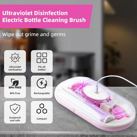 Electric Baby Bottle Brush Set with 360° Rotation – 2-Speed Rechargeable Cleaner with Silicone Brush, Pacifier & Straw Cleaner, Mixing Head & Drying Rack – Purple