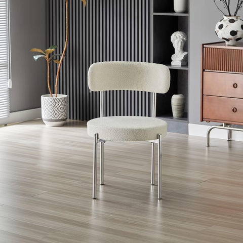 Dining Chairs Set of 2, Modern Dining Chairs Mid-Century, Round Kitchen Chairs, Boucle Dining Chair with Metal Legs, Kitchen Dining Room (Cream White/Chrome, Set of 2)