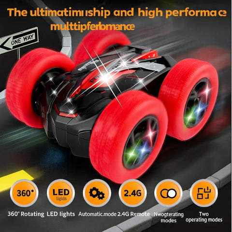 4WD Double-Sided RC Stunt Car with LED Lights, Dual Rechargeable Batteries & 9 Stunt Modes – Ages 6+, Red