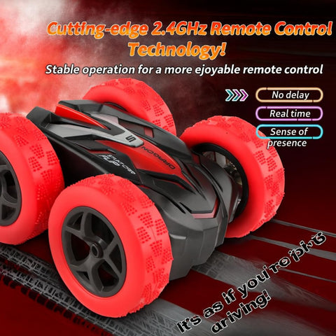 4WD Double-Sided RC Stunt Car with LED Lights, Dual Rechargeable Batteries & 9 Stunt Modes – Ages 6+, Red