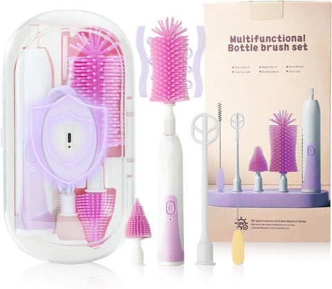 Electric Baby Bottle Brush Set with 360° Rotation – 2-Speed Rechargeable Cleaner with Silicone Brush, Pacifier & Straw Cleaner, Mixing Head & Drying Rack – Purple