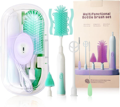 Electric Baby Bottle Brush Set with 360° Rotation – 2-Speed Rechargeable Cleaner with Silicone Brush, Pacifier & Straw Cleaner, Mixing Head & Drying Rack – Purple (Copy)