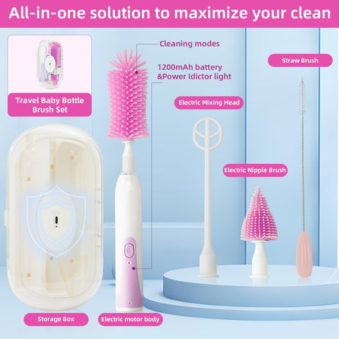 Electric Baby Bottle Brush Set with 360° Rotation – 2-Speed Rechargeable Cleaner with Silicone Brush, Pacifier & Straw Cleaner, Mixing Head & Drying Rack – Purple