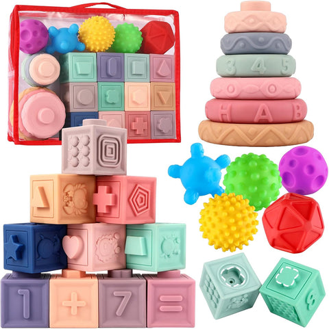 Baby Building Blocks - 23PCS Soft Sensory Blocks for Infants 6-12 Months | Early Learning Toys for Toddlers 1-3 Years | Educational Stacking Toys with Textured Shapes, Numbers & Animals