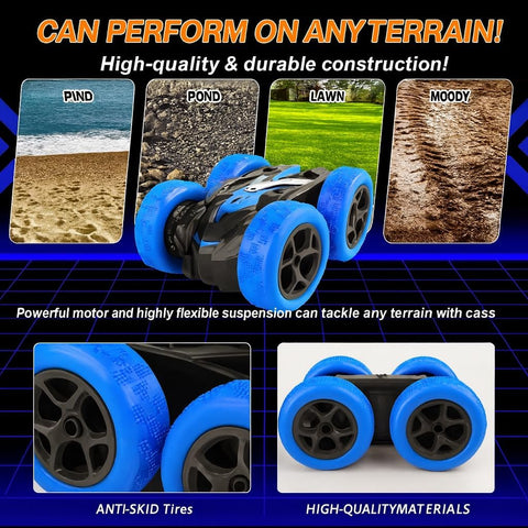 4WD Double-Sided RC Stunt Car with LED Lights, Dual Rechargeable Batteries, 9 Stunt Modes – Ages 6+, Blue