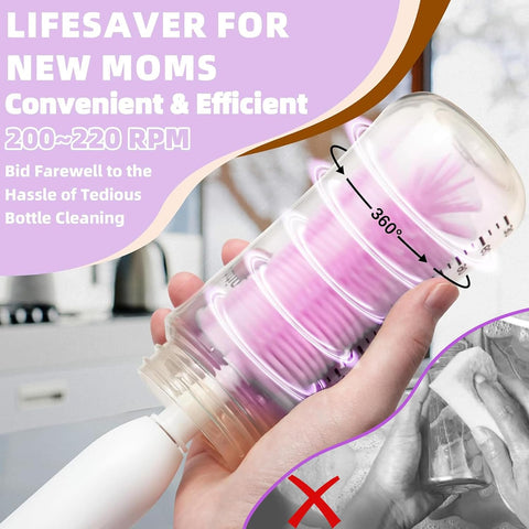 Electric Baby Bottle Brush Set - Includes Bottle Cleaner, Nipple & Straw Brush, Milk Frother & Drying Rack (Purple)