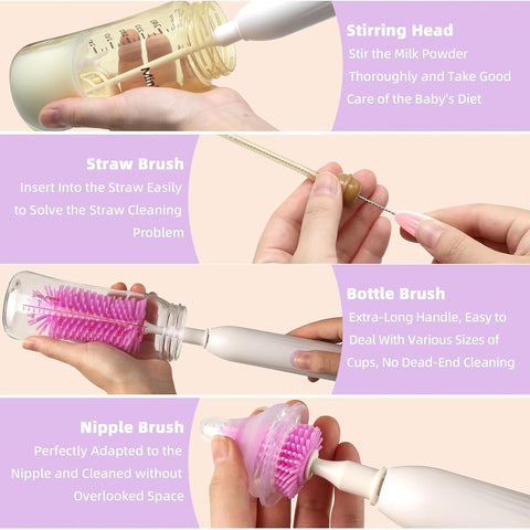 Electric Baby Bottle Brush Set - Includes Bottle Cleaner, Nipple & Straw Brush, Milk Frother & Drying Rack (Purple)