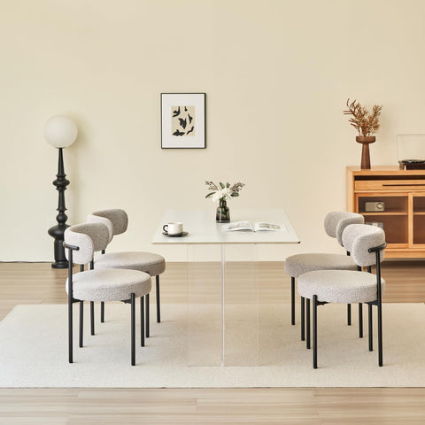 Dining Chairs Set of 2, Modern Dining Chairs Mid-Century, Round Kitchen Chairs, Boucle Dining Chair with Black Metal Legs, Kitchen Dining Room