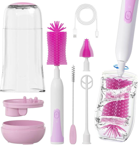 Electric Baby Bottle Brush Set - Includes Bottle Cleaner, Nipple & Straw Brush, Milk Frother & Drying Rack (Purple)