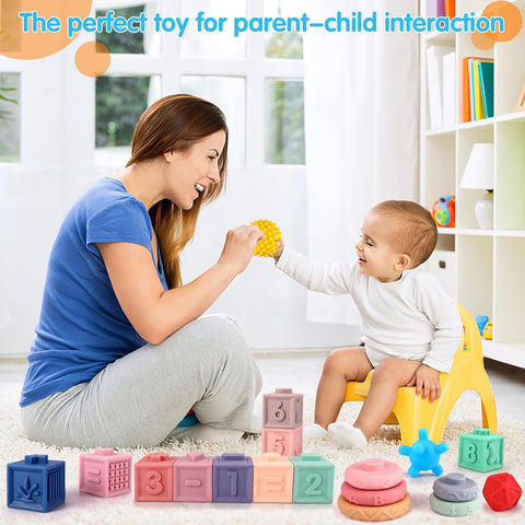 Baby Building Blocks - 23PCS Soft Sensory Blocks for Infants 6-12 Months | Early Learning Toys for Toddlers 1-3 Years | Educational Stacking Toys with Textured Shapes, Numbers & Animals