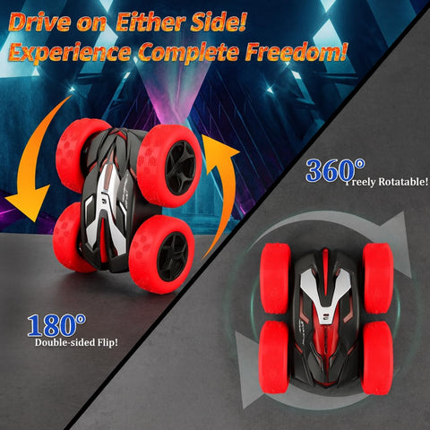 4WD Double-Sided RC Stunt Car with LED Lights, Dual Rechargeable Batteries & 9 Stunt Modes – Ages 6+, Red
