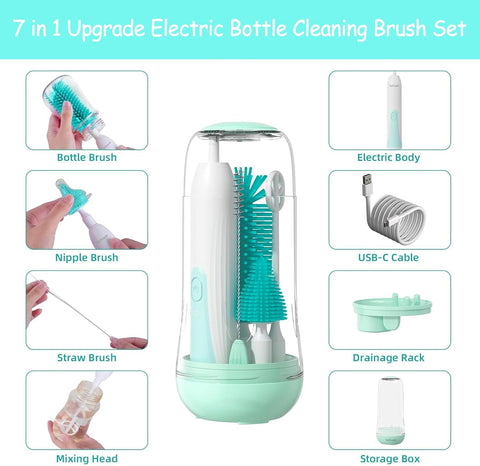 Electric Baby Bottle Brush Set - Includes Bottle Cleaner, Nipple & Straw Brush, Milk Frother & Drying Rack (Green)